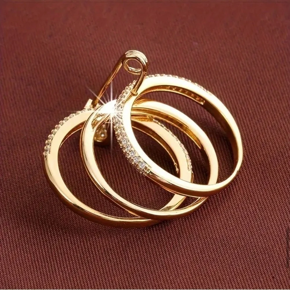 🆕 Cubic Zirconia Gold Tone Safety Pin Multi Layer Ring